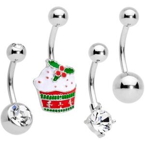 body candy nwt clear red holiday cupcake belly ring‎ 14G silver set party